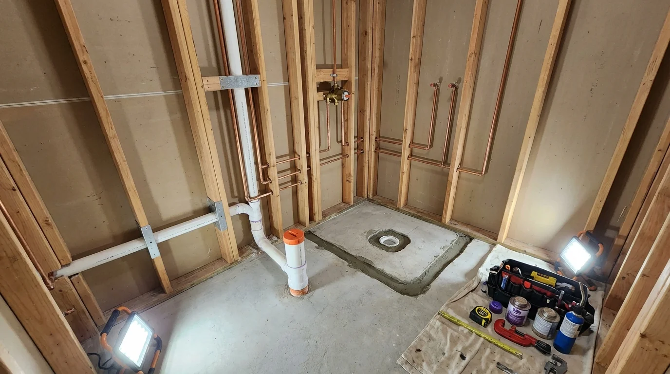 Bathroom rough-in plumbing during remodel by Johns Plumbing LLC in Algonac