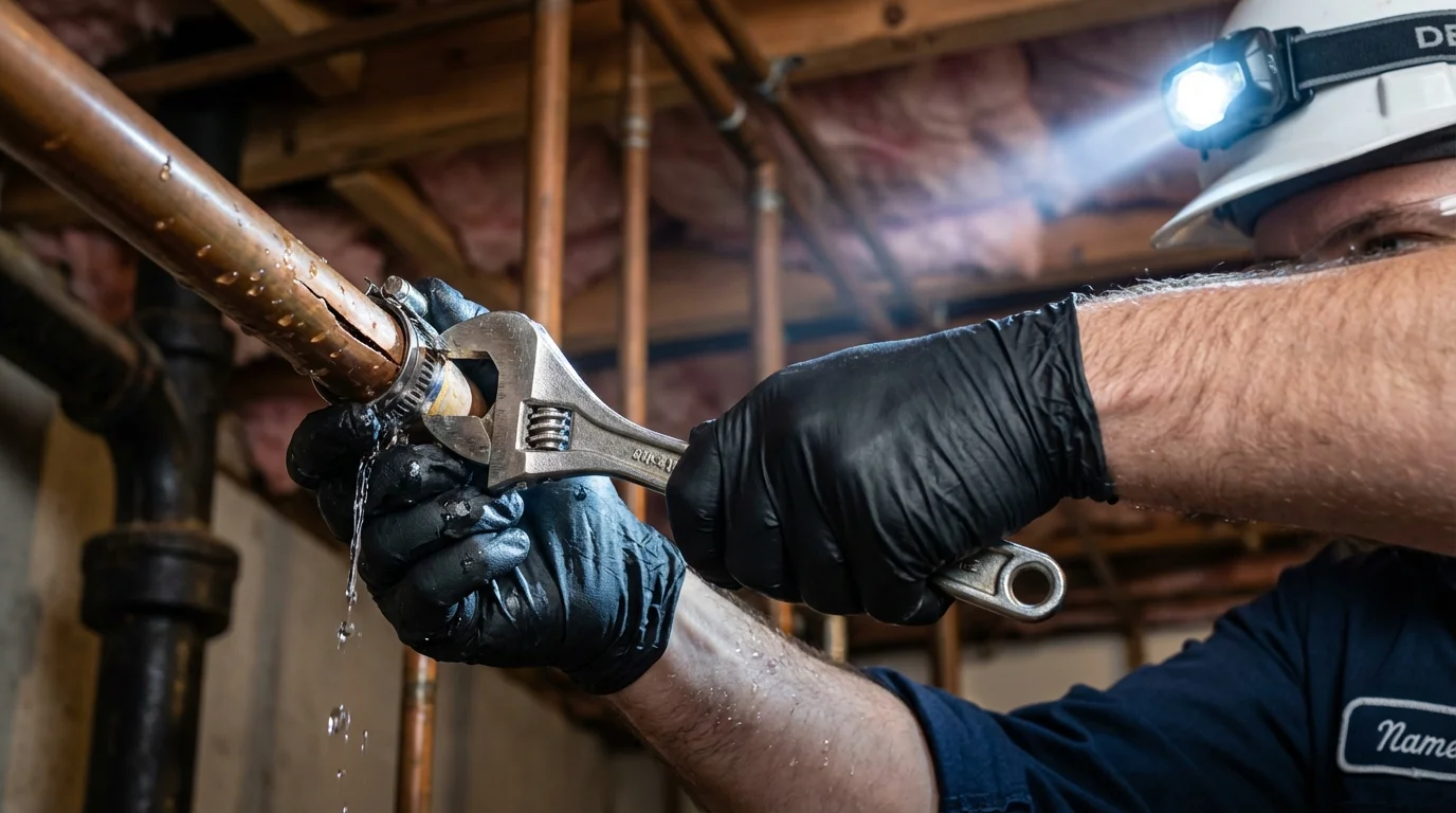 Emergency pipe clamp repair being performed by a Johns Plumbing LLC plumber in Algonac