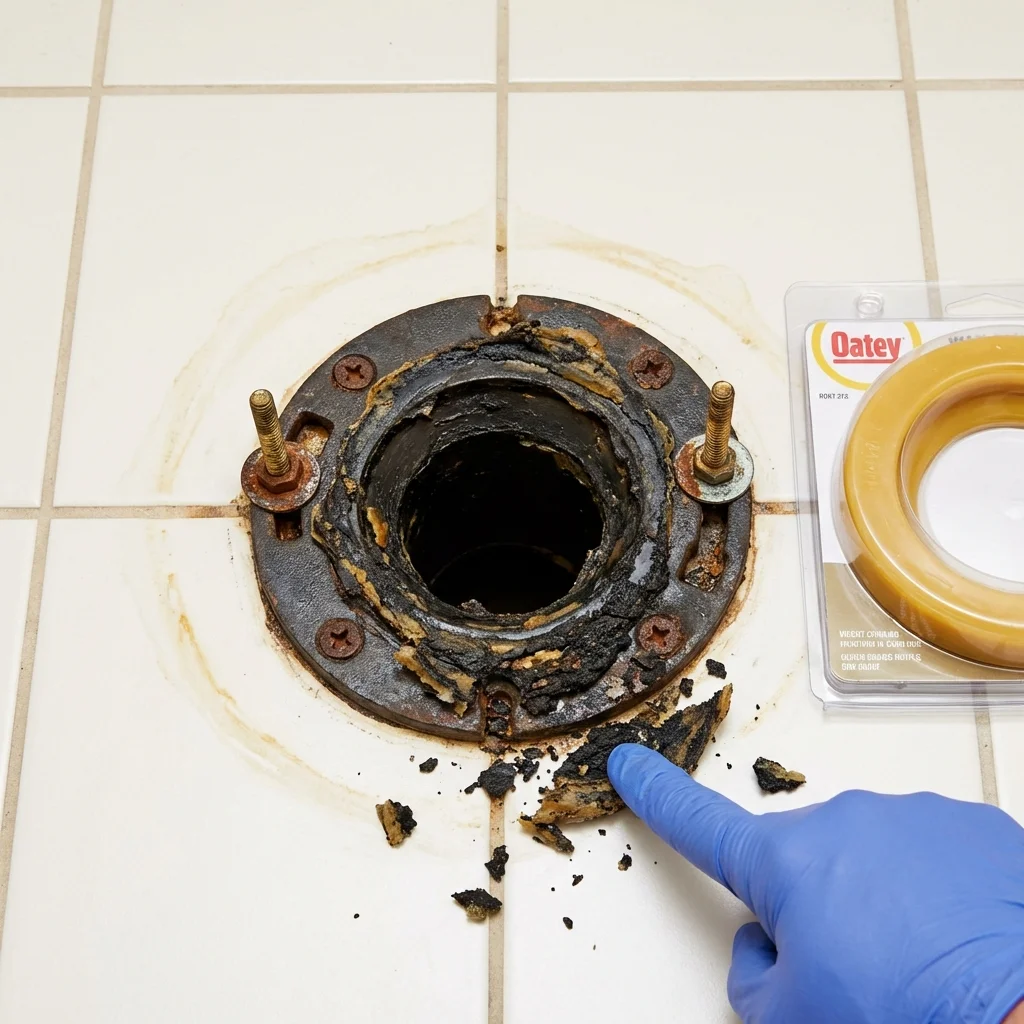 Failed wax ring showing water seepage at the base of a toilet in a Algonac, MI home