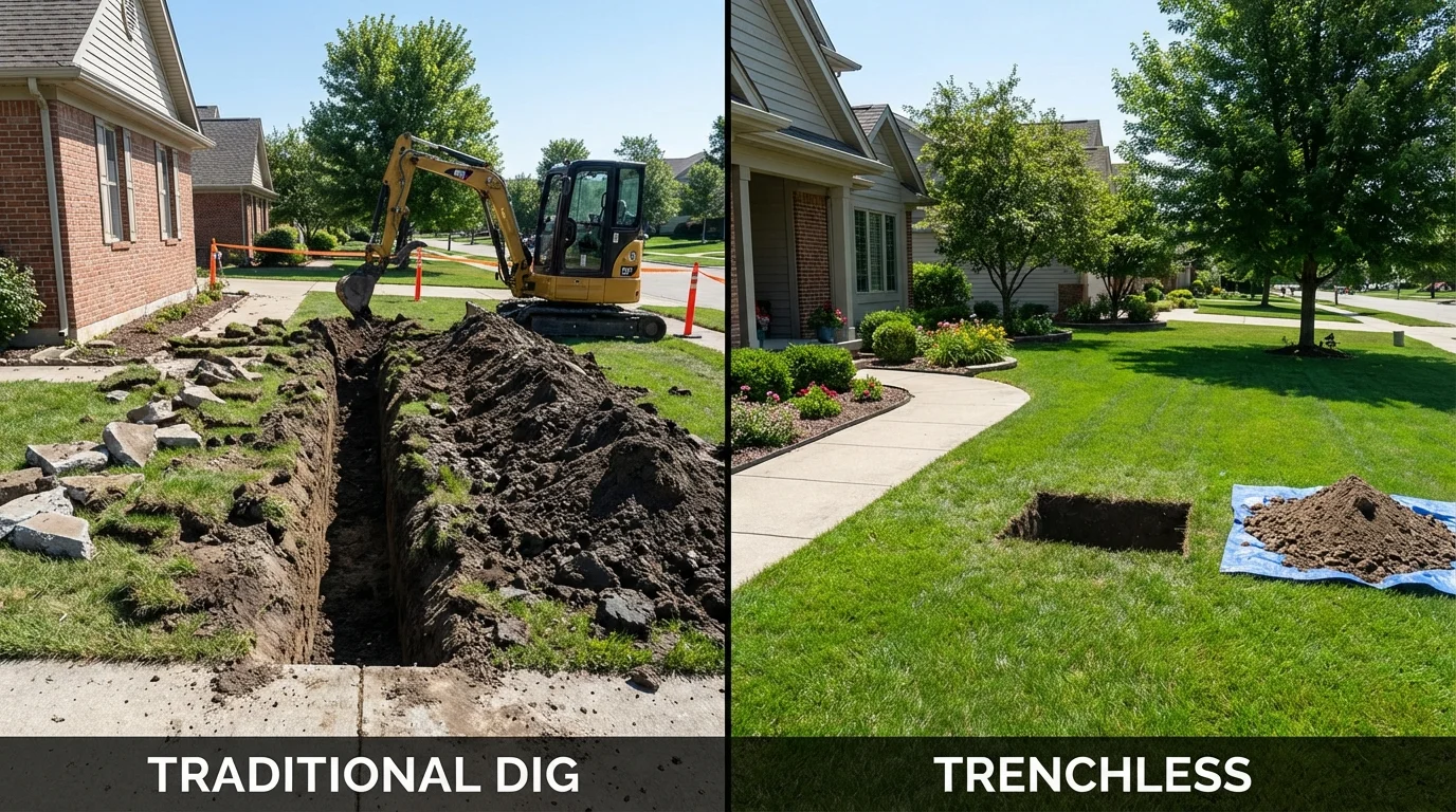 Trenchless sewer repair with minimal yard damage versus traditional excavation in Algonac, MI